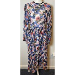 NWT Misa Los Angeles Dress Chiffon Long Sleeve Pleated Blue Pink Floral XS New
